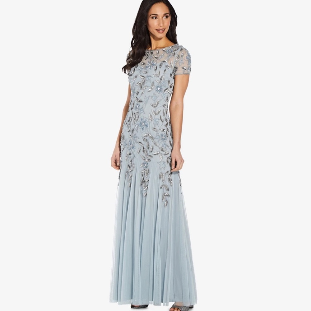 SIZE 8 ADRIANNA PAPELL HAND BEADED SHORT SLEEVE FLORAL GODET GOWN